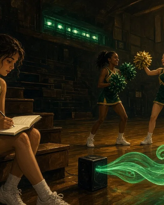 Painted cheer captain writing chant lines in a notebook on the bleachers while teammates rehearse with pom-poms in a dim gym