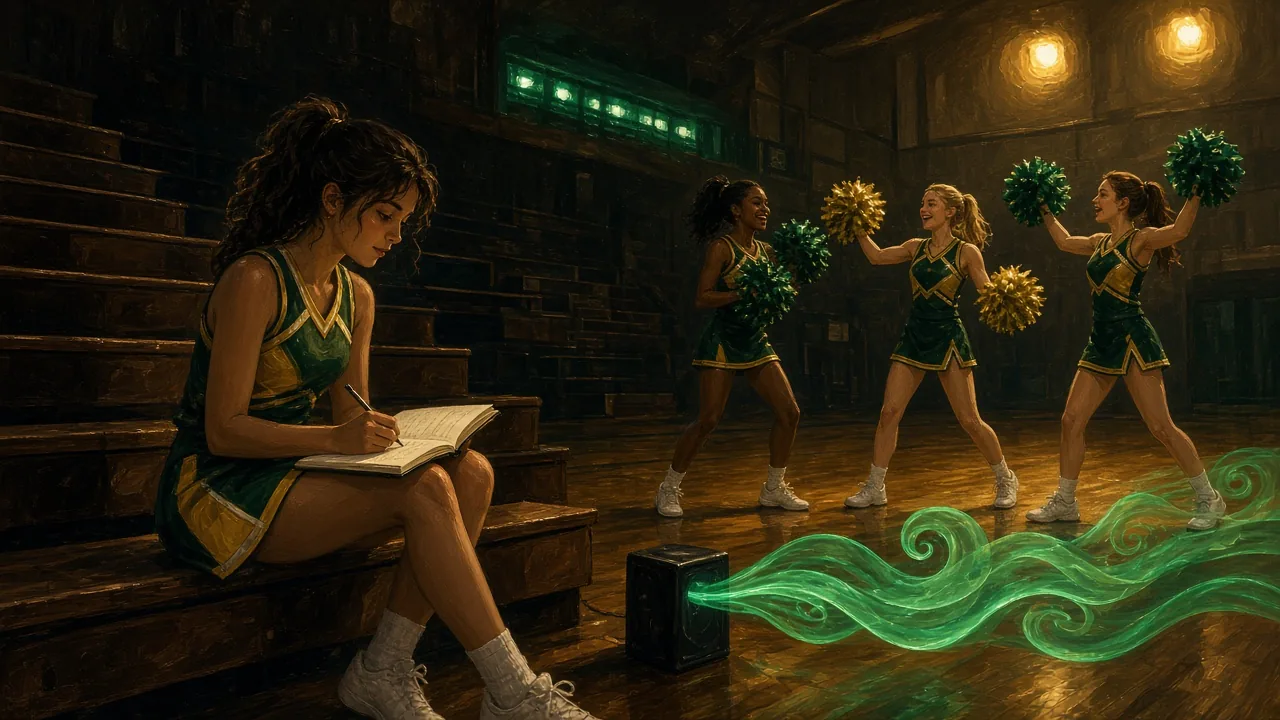 Painted gym scene of a cheer captain writing in a notebook on the bleachers while three teammates rehearse with pom-poms, green sound ribbons from a small speaker