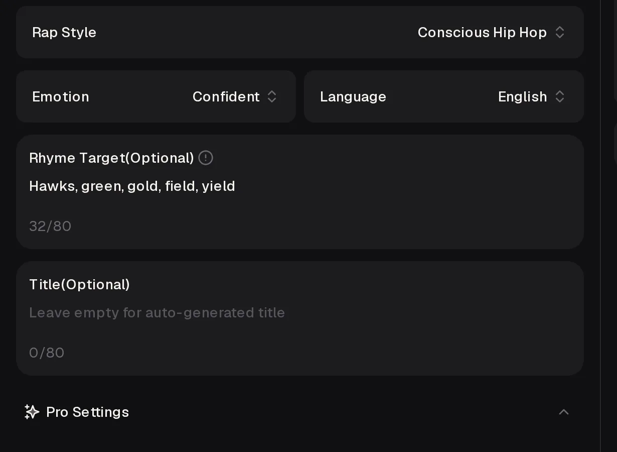 AI Rap Generator panel showing Rap Style, Emotion, Language, Rhyme Target and Pro Settings