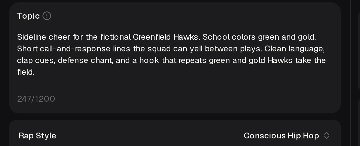 Topic box filled with a sideline cheer brief for the fictional Greenfield Hawks in green and gold