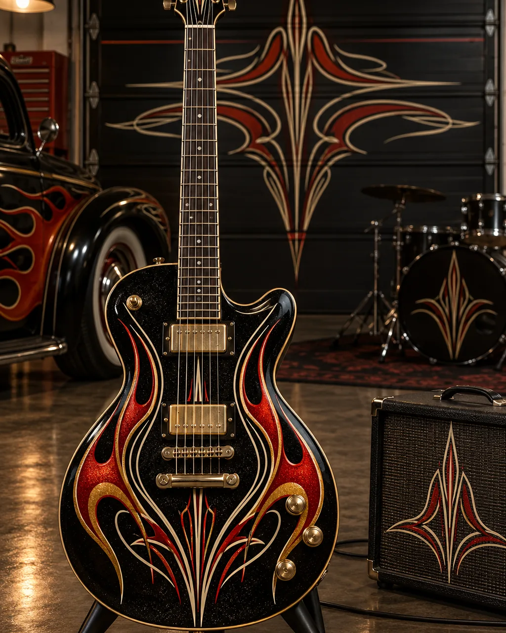 Hot-rod pinstriping art of an electric guitar in red and gold flourishes standing in a garage beside a practice amp