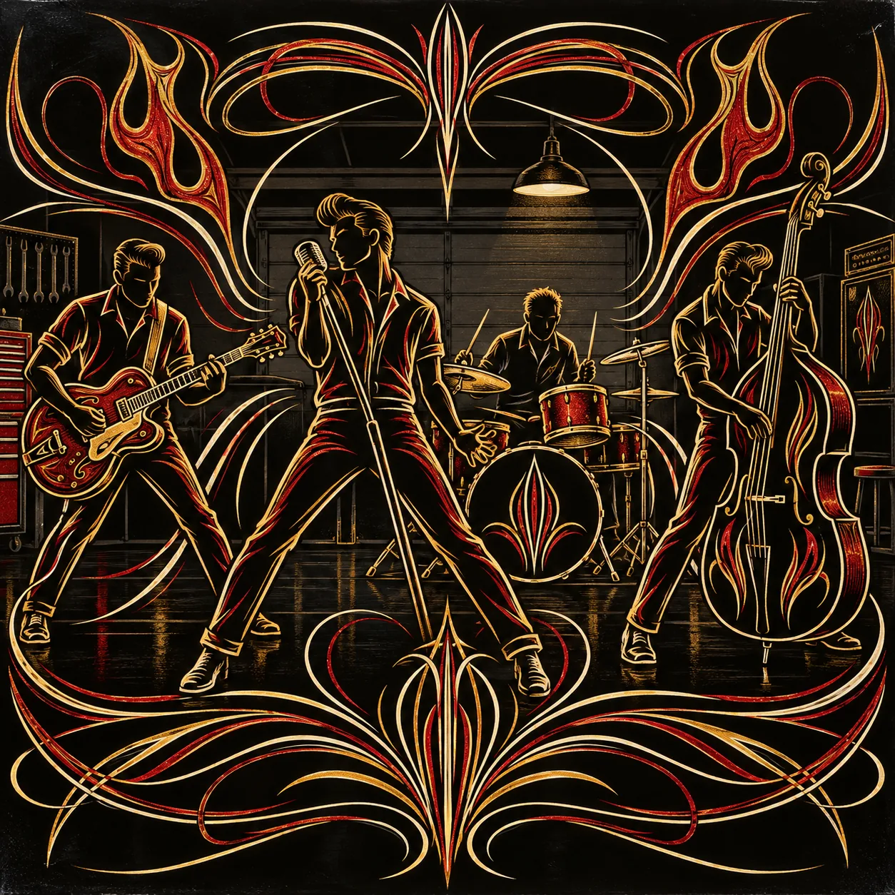 Pinstripe illustration of a four-piece rock band rehearsing in a garage with sound waves drawn as scrolls