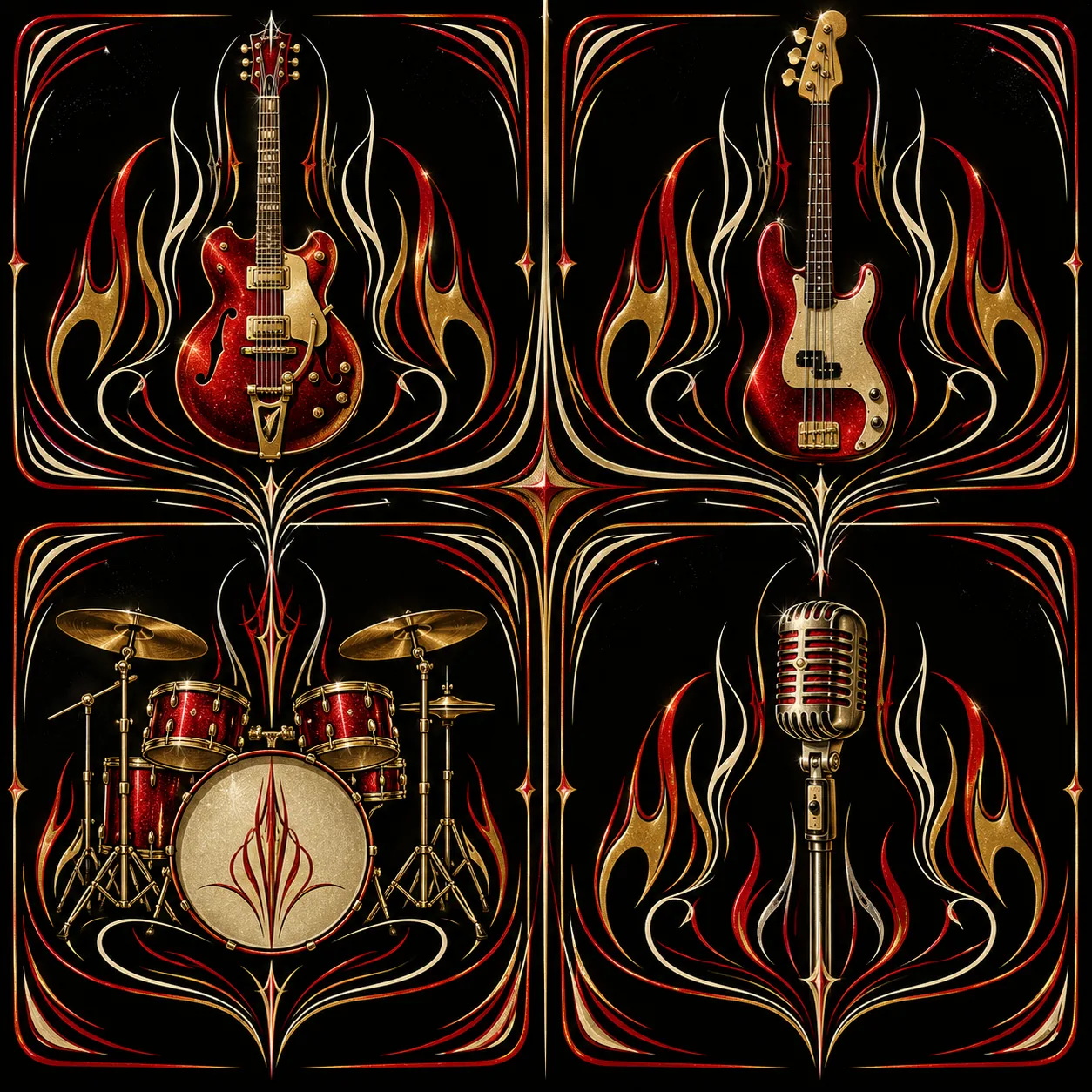 Four pinstriped panels showing a guitar, a bass, a drum kit and a microphone like separate stems of one song