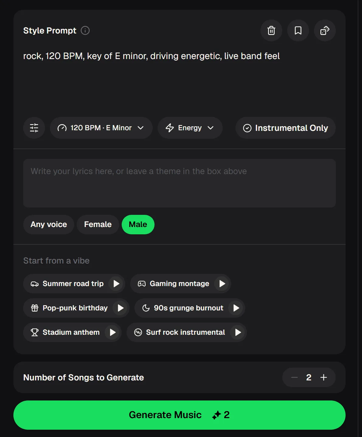 MusicCreator rock AI panel with a style prompt, tempo and key, energy, Instrumental Only, a lyrics box, voice options, rock presets and the number of songs to generate