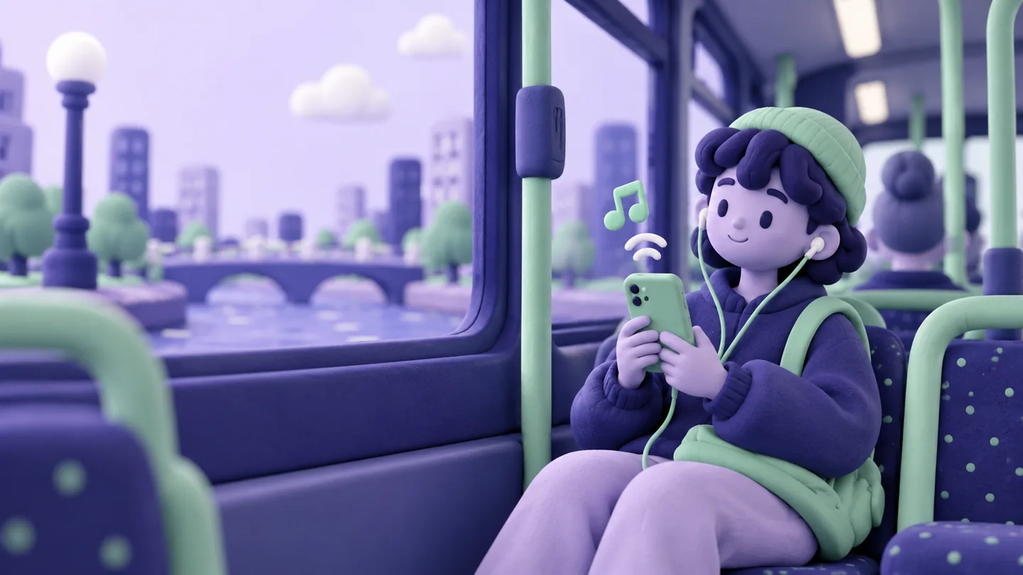 Clay-style illustration of a commuter on a city bus listening to a song on a phone with earbuds