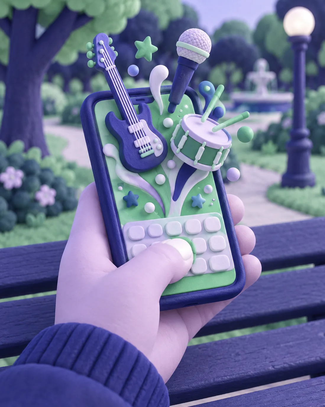 Clay-style illustration of a hand holding a phone on a park bench while small instruments pop out of the screen