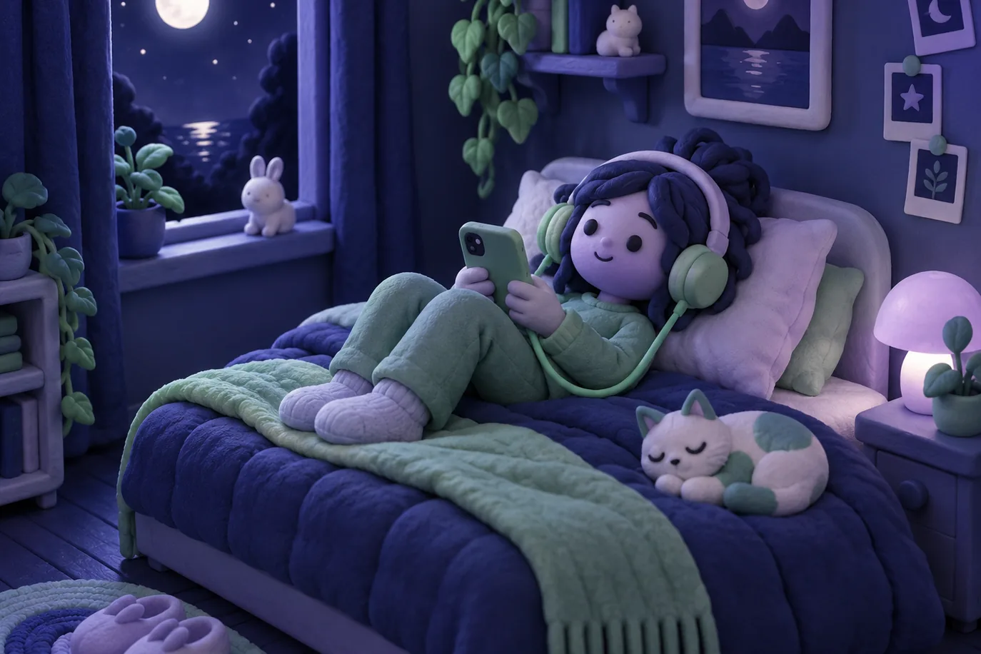Clay-style illustration of a person lying on a bed at night listening to a phone through headphones