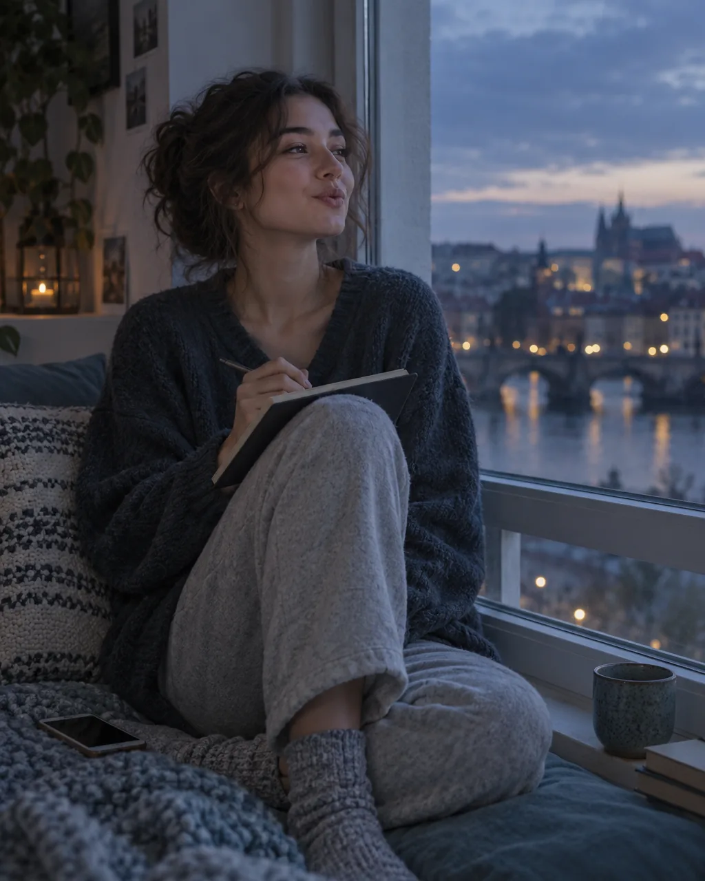 A young woman by a large window at dusk with a notebook on her knee, looking out over a city river