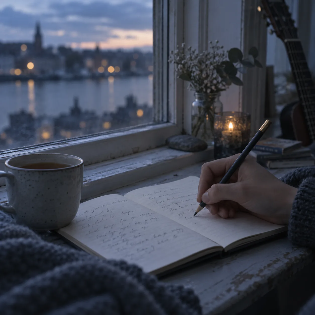 A hand writing song lyrics in pencil in an open notebook beside a cup of tea on a windowsill at dusk