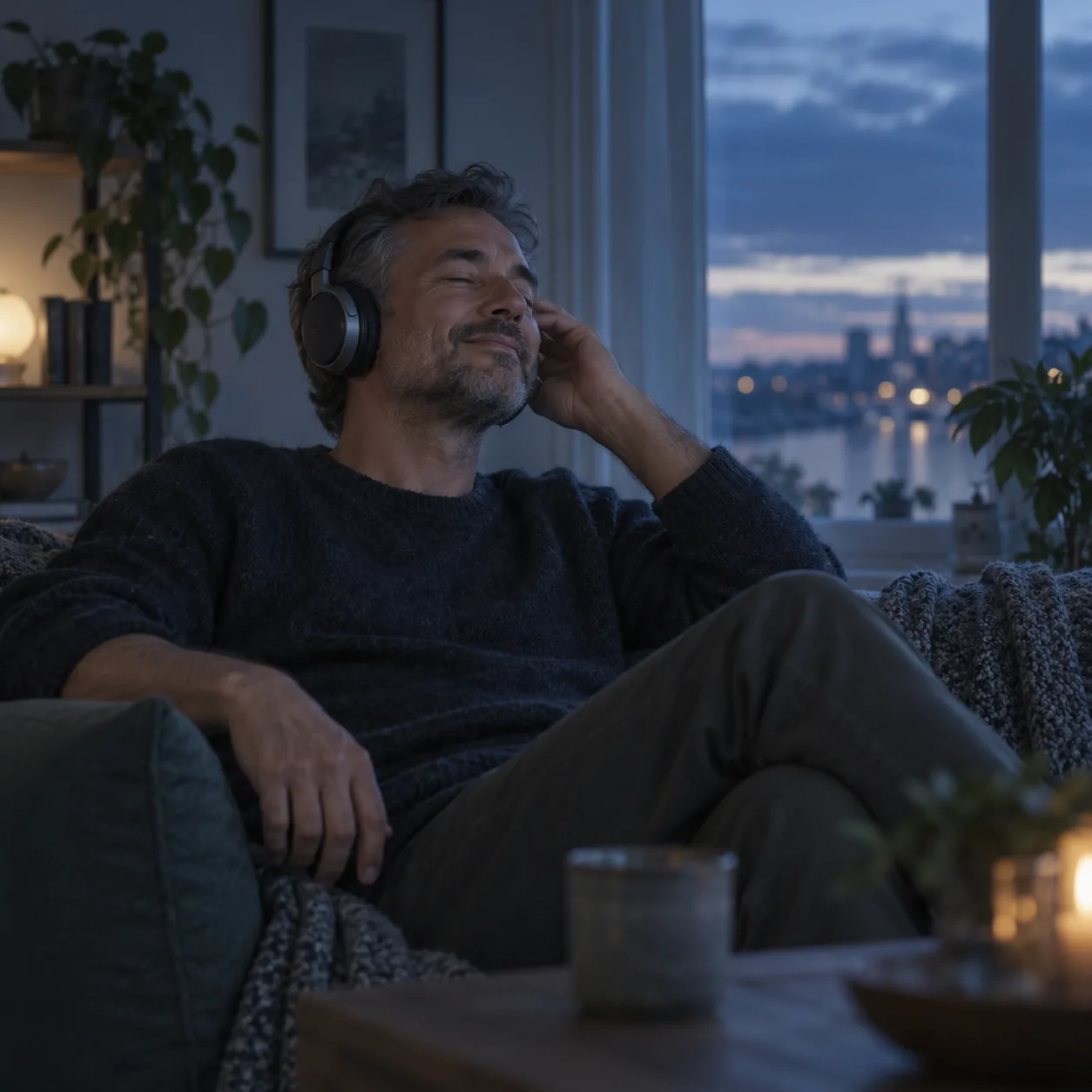 A man relaxing in a living room at dusk with headphones on, eyes closed and smiling as he listens