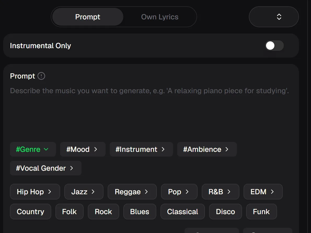 MusicCreator song maker with Prompt and Own Lyrics tabs, an Instrumental Only switch, and genre, mood, instrument and vocal gender shortcuts