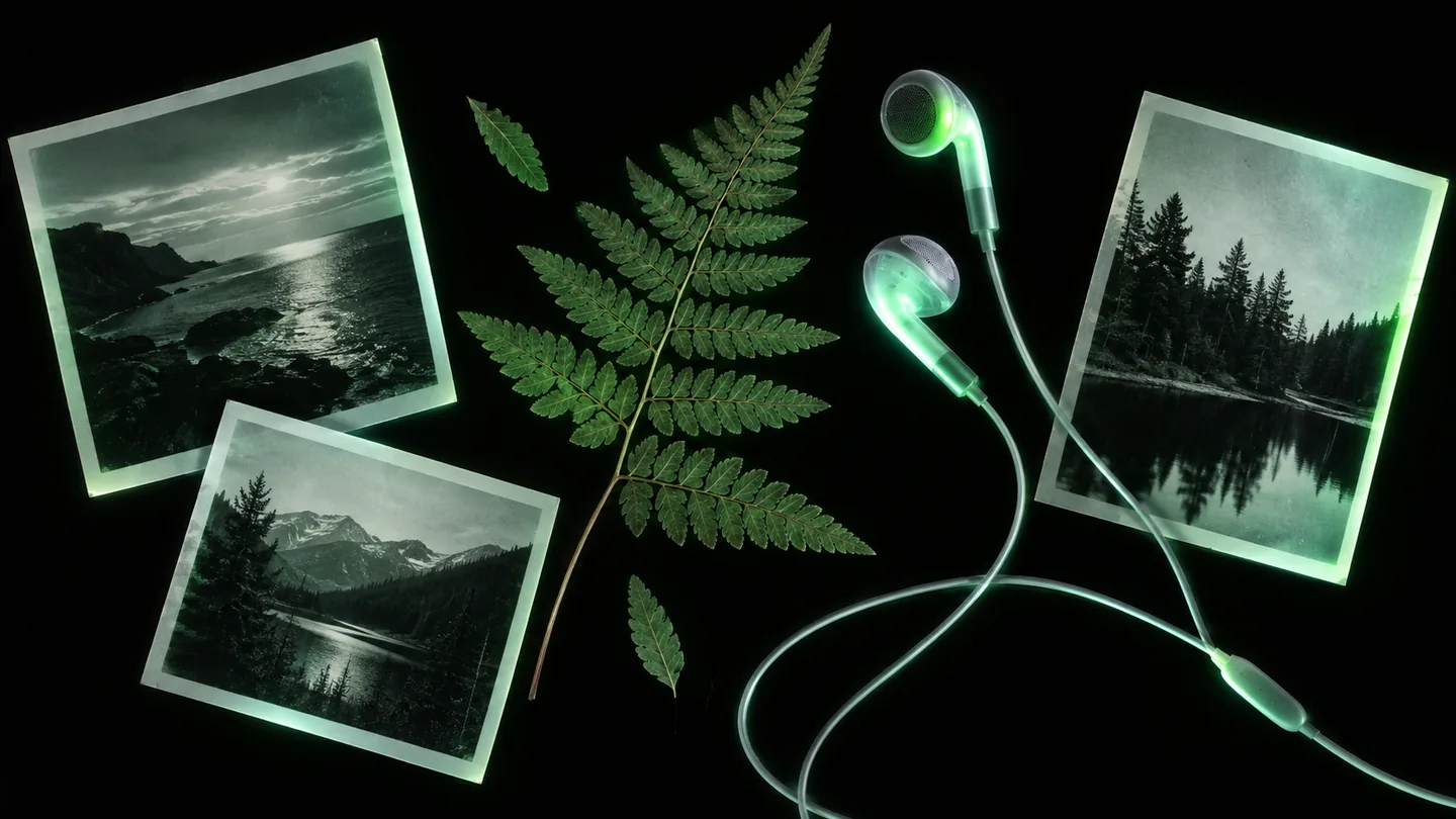 Flatbed-scanner image of small photo prints, earbuds and a fern leaf on black, lit in green and silver