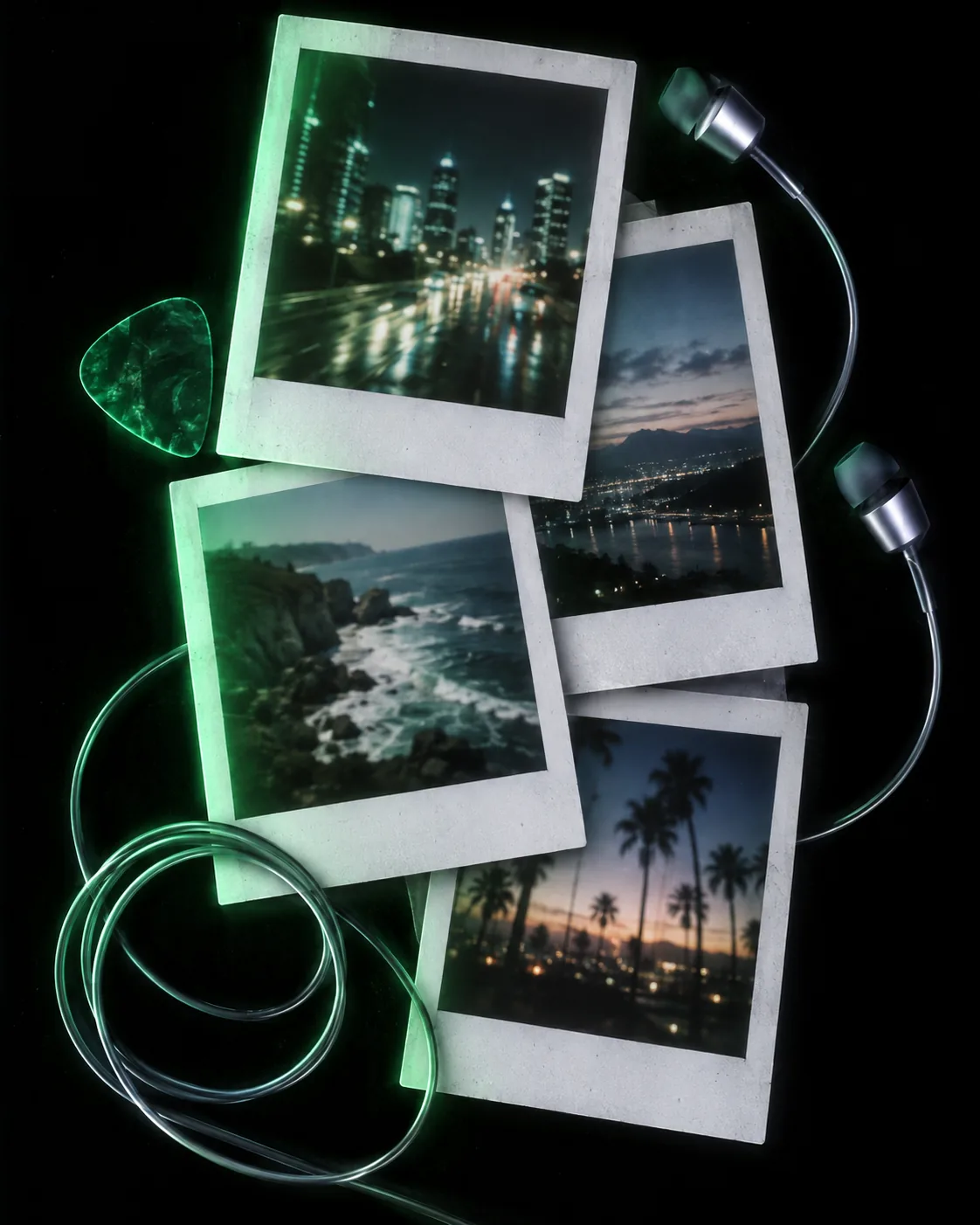 Flatbed-scanner image of overlapping photo prints, a guitar pick and a headphone cable on black glass