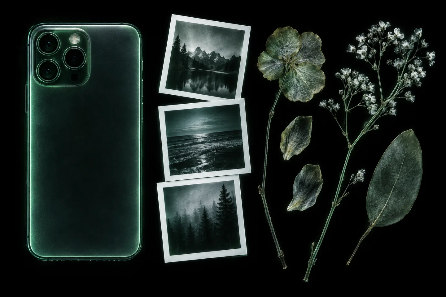 Flatbed-scanner image of a phone beside a row of square photo prints and dried flowers, in green and silver light