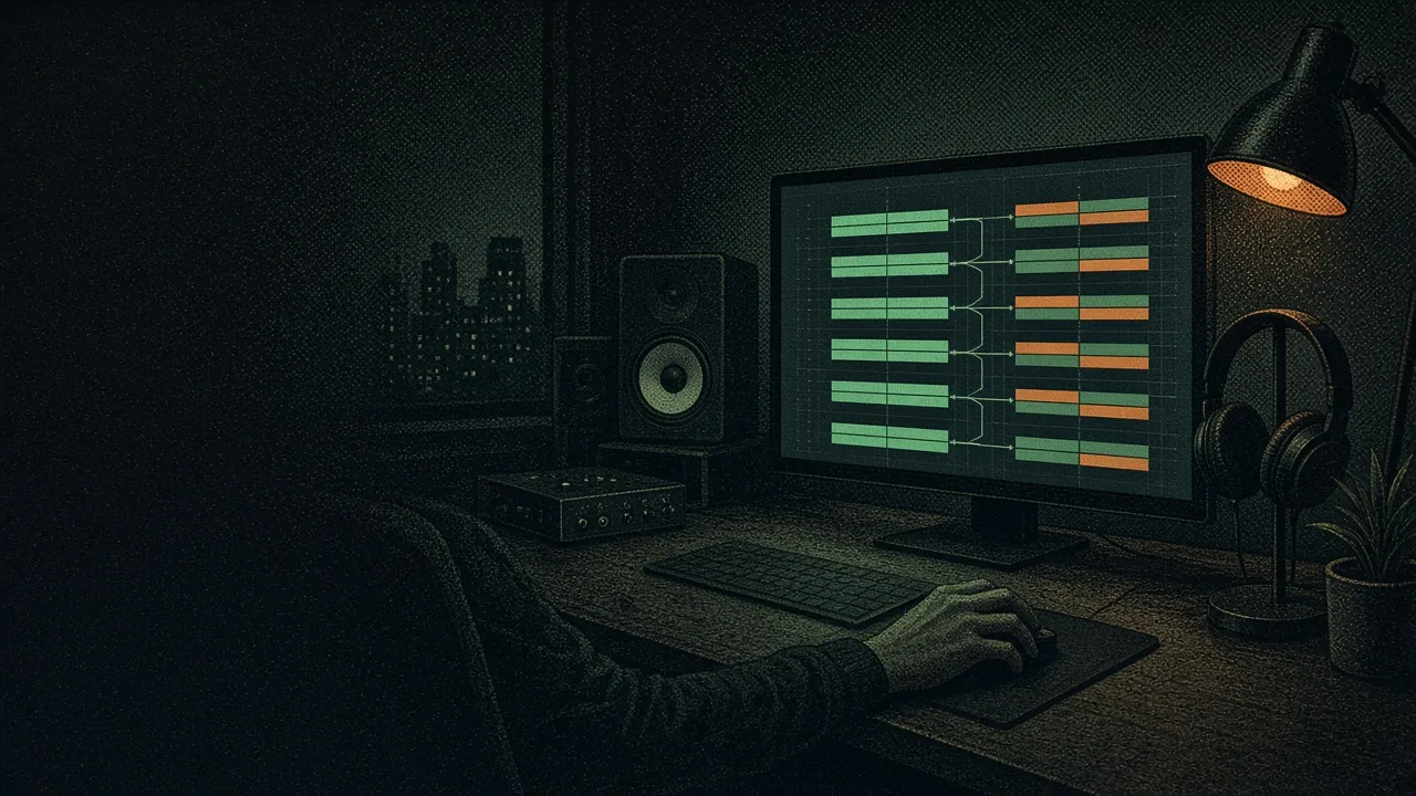 Halftone poster-style night studio desk with monitors, an audio interface and headphones, the screen showing two songs split into matching stem lanes joined by thin lines