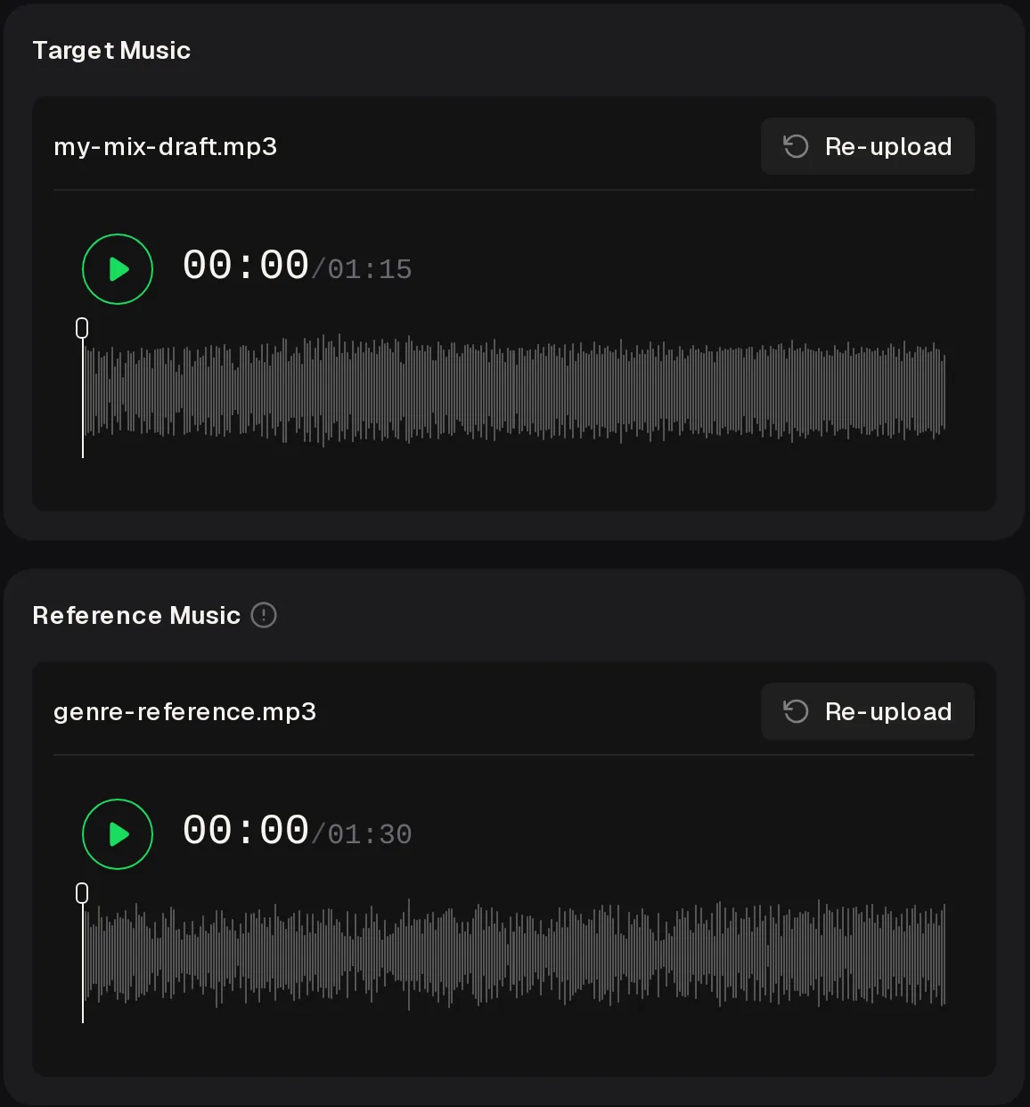AI Mastering panel with my-mix-draft.mp3 as Target Music and genre-reference.mp3 as Reference Music, each with a waveform and Re-upload button