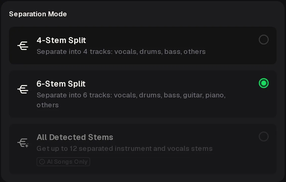 Stem extractor Separation Mode list with 4-Stem Split, 6-Stem Split selected and All Detected Stems marked AI Songs Only