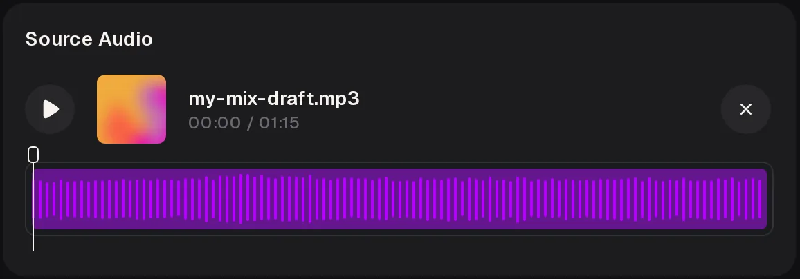 AI Stem Splitter Source Audio card with my-mix-draft.mp3 loaded, 01:15 long, with a purple waveform