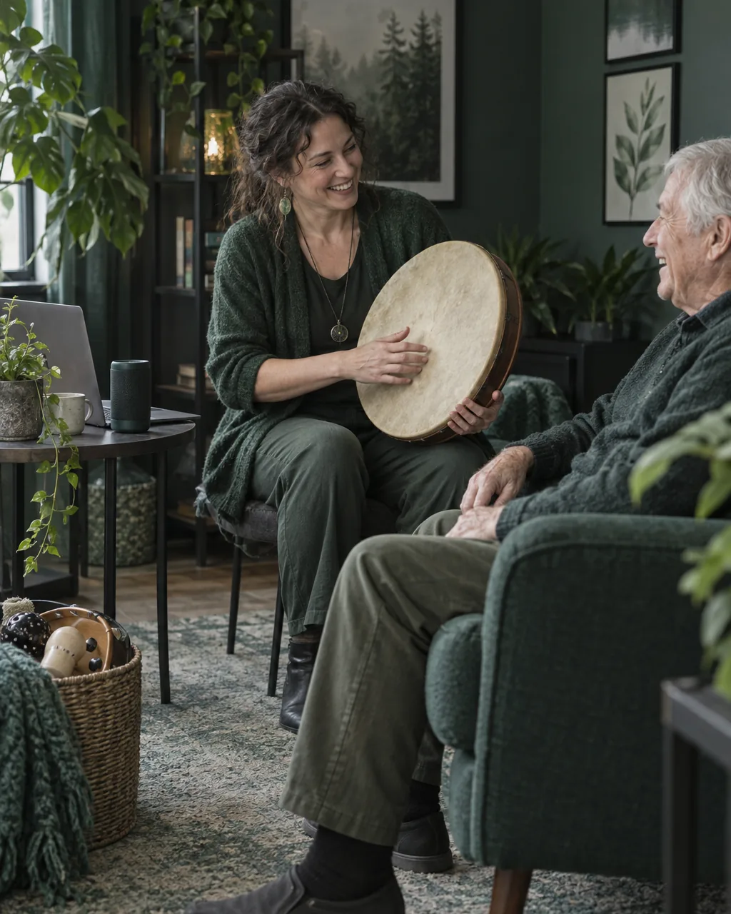 Music therapist holding a frame drum beside an older client in a calm green therapy room, guitar and plants behind them