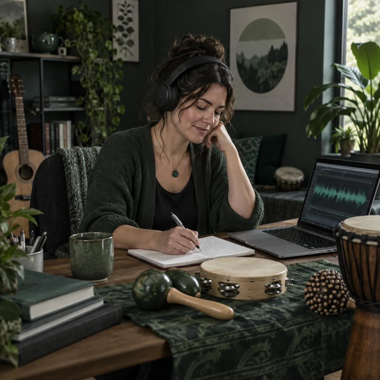 Music therapist in headphones writing session notes at a desk with a laptop showing an audio waveform and hand percussion beside her