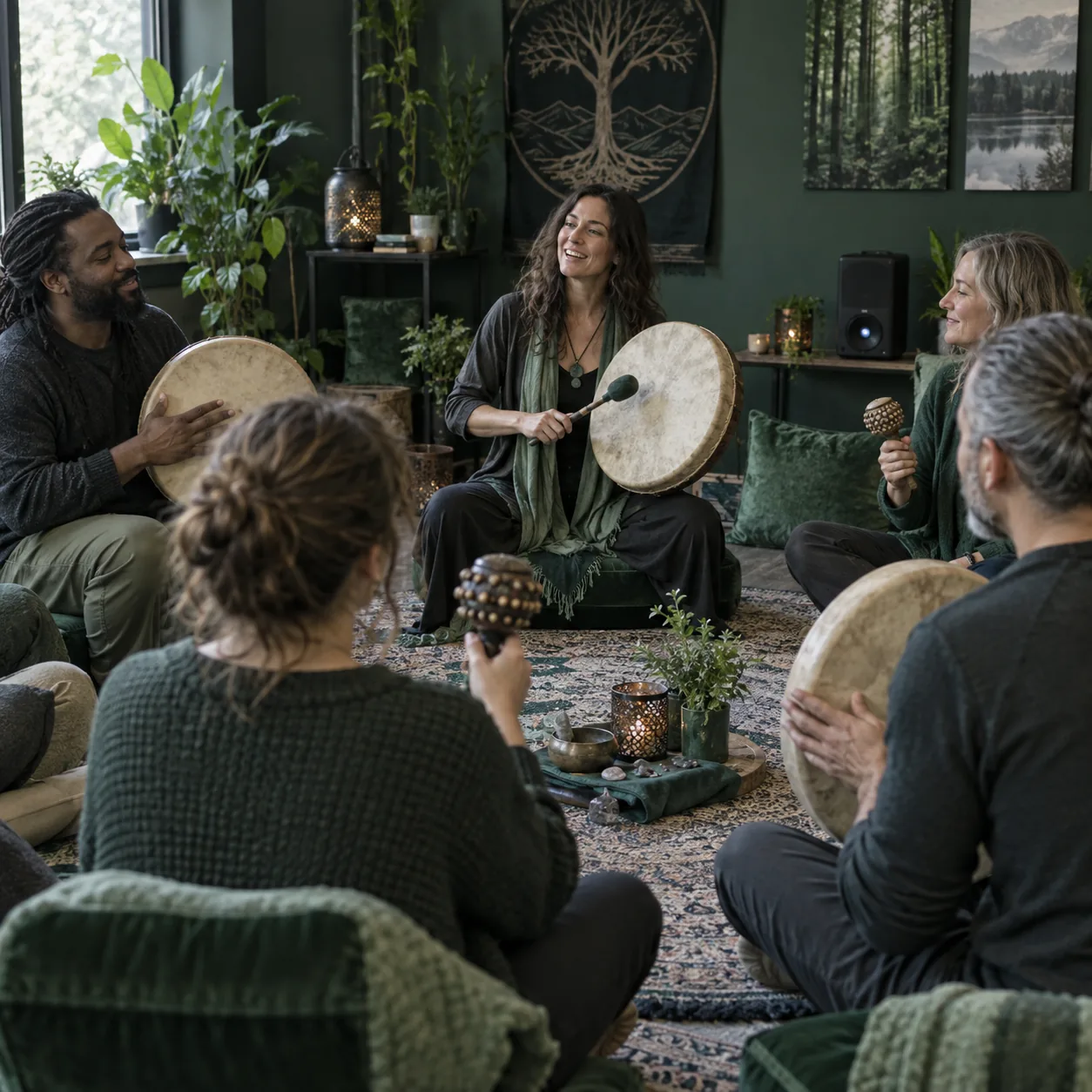 Group of adults in a circle playing frame drums and shakers in a community room while a therapist leads
