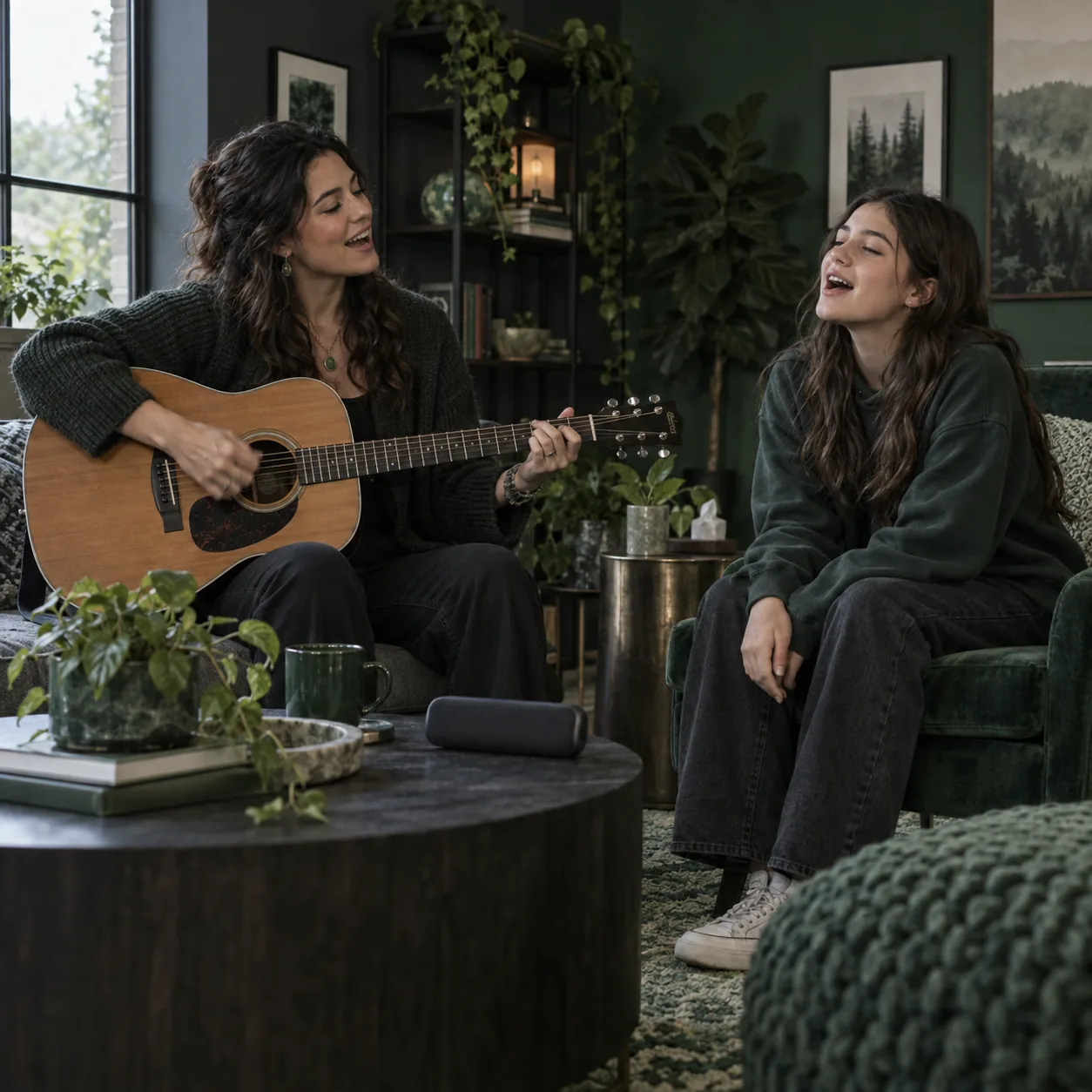 Therapist playing acoustic guitar while a young client sings beside her in a softly lit room