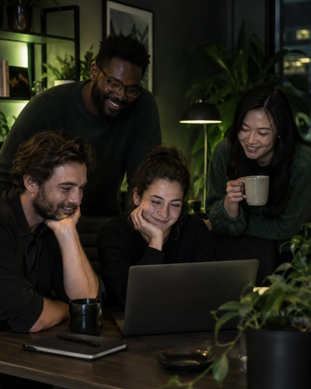 Four coworkers gathered around a laptop in an evening office, smiling as they listen