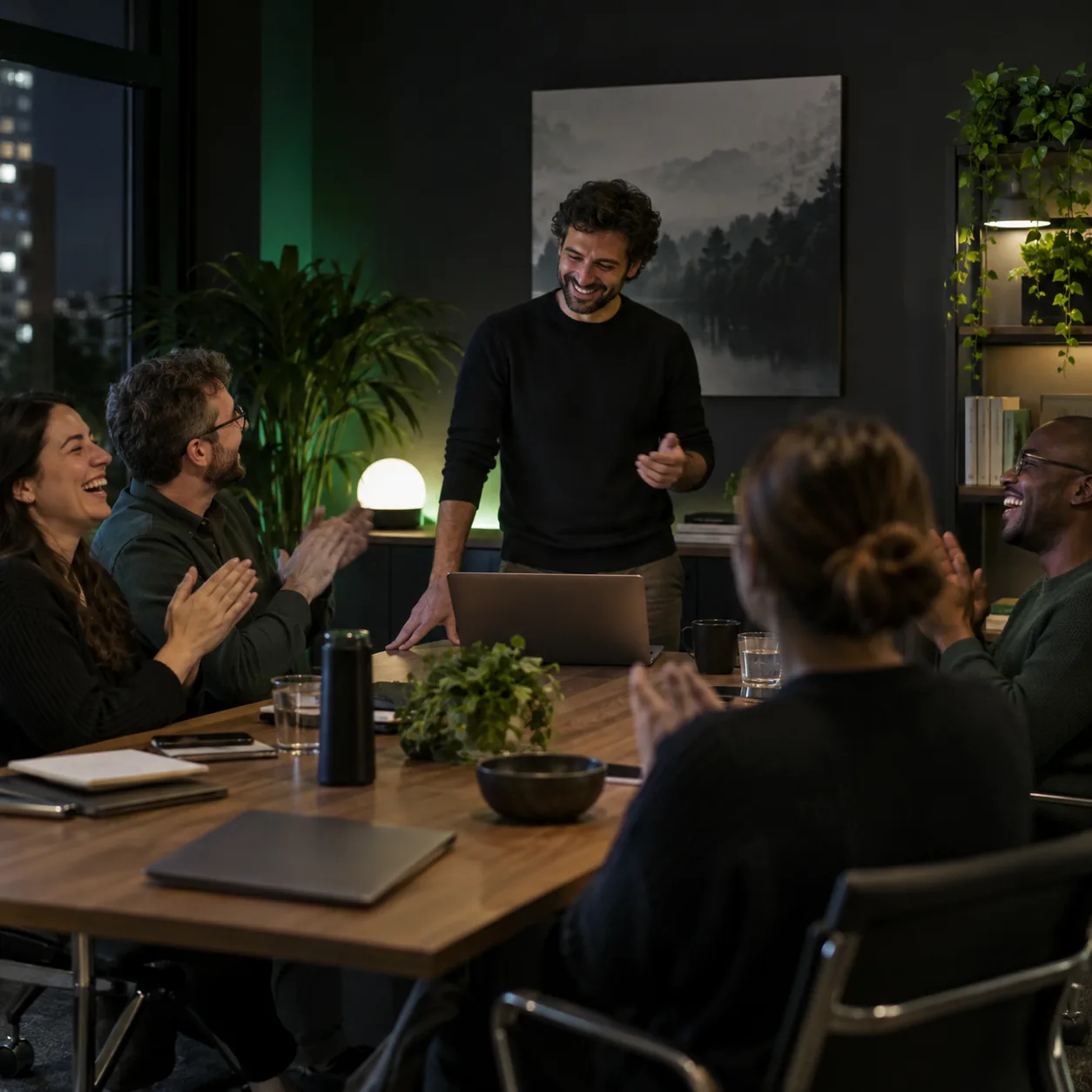 Team lead playing audio from a laptop to laughing colleagues in a small meeting room
