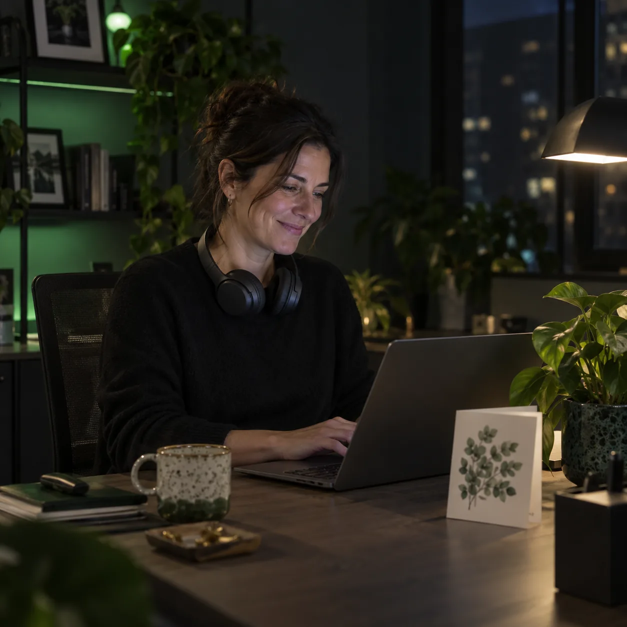 Office manager at her desk typing a message on a laptop, a small farewell card beside her