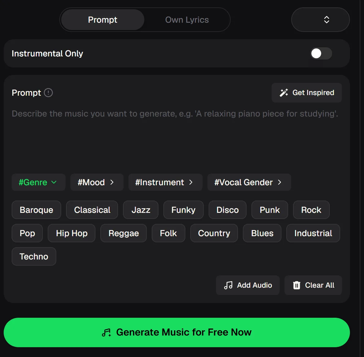 MusicCreator text to song panel with Prompt and Own Lyrics tabs, an Instrumental Only switch, style tags and a Generate button