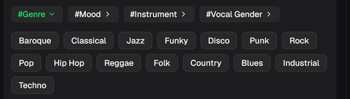 Close-up of the Genre tag list with Pop, Rock, Funky, Disco and Country