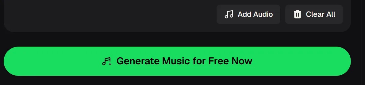 Add Audio and Clear All buttons above the green Generate Music button