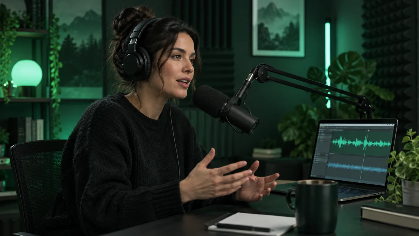 Podcast host speaking into a broadcast microphone with a laptop showing a voice track above a quieter music track