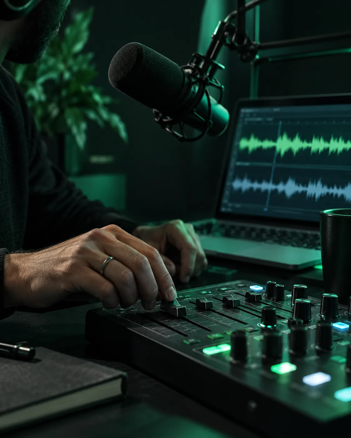 Producer's hand lowering a fader on a small mixer next to a podcast microphone, with music and voice waveforms on a laptop