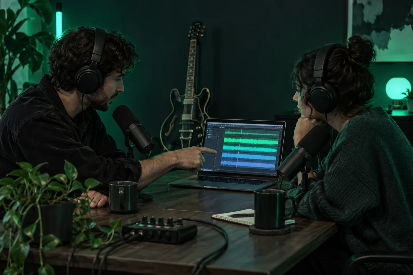 Two podcast co-hosts at a table with microphones, one pointing at a laptop showing a multitrack session with separate stems