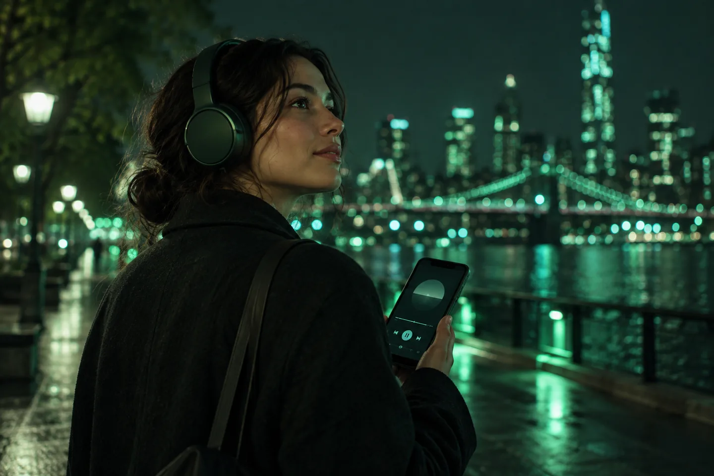Podcast listener on a night walk with headphones, holding a phone showing a podcast player