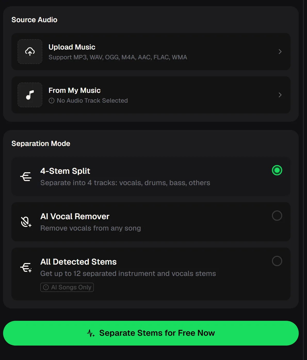Voice isolator panel with Upload Music and From My Music, and Separation Mode options 4-Stem Split, AI Vocal Remover and All Detected Stems marked AI Songs Only
