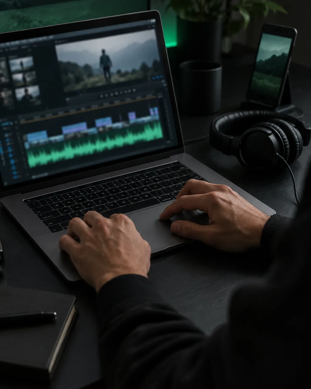 Video editor's hands on a laptop trackpad with an audio waveform lane glowing on screen beside headphones