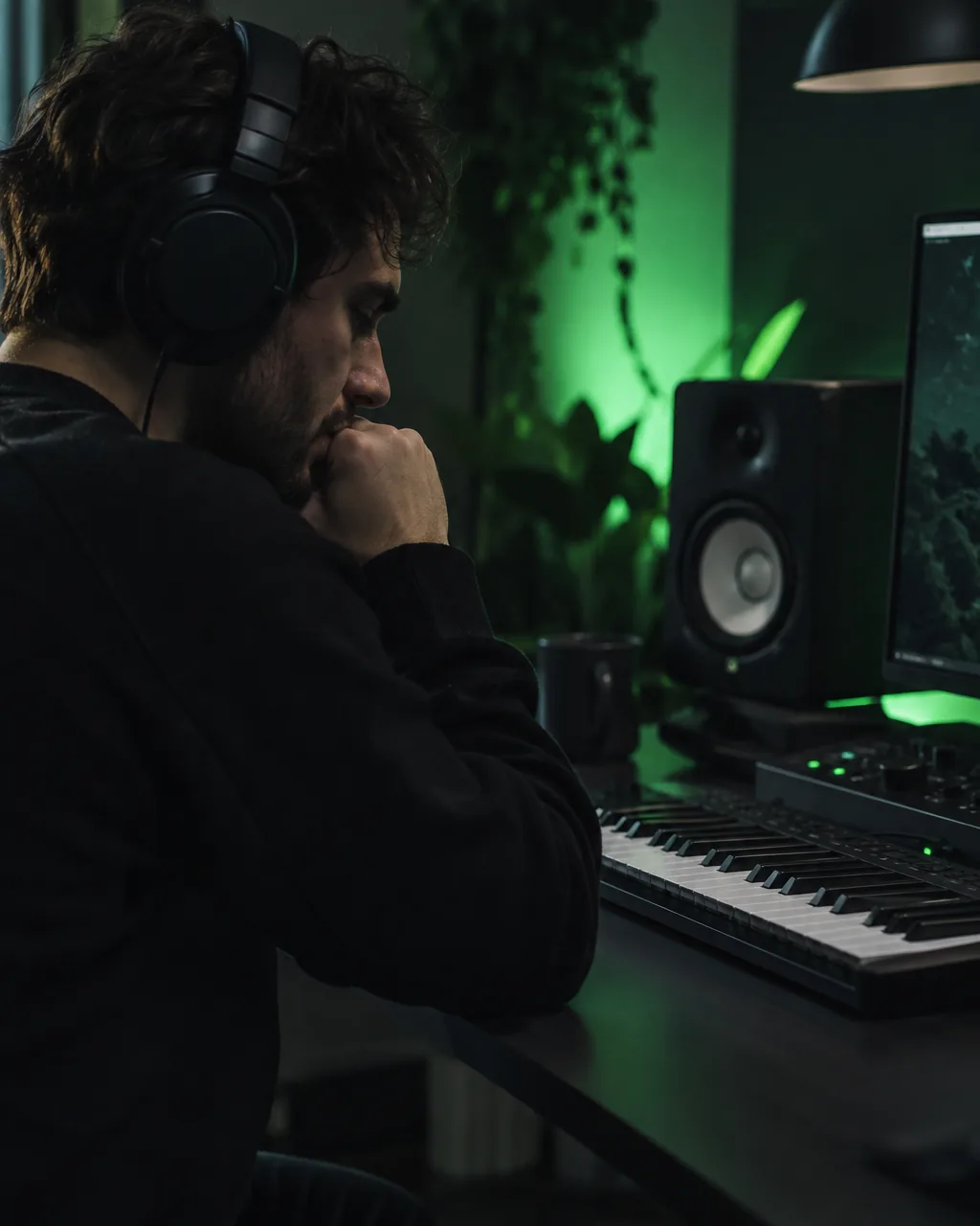 Home producer in closed headphones at a desk with a small keyboard and studio monitors under green light