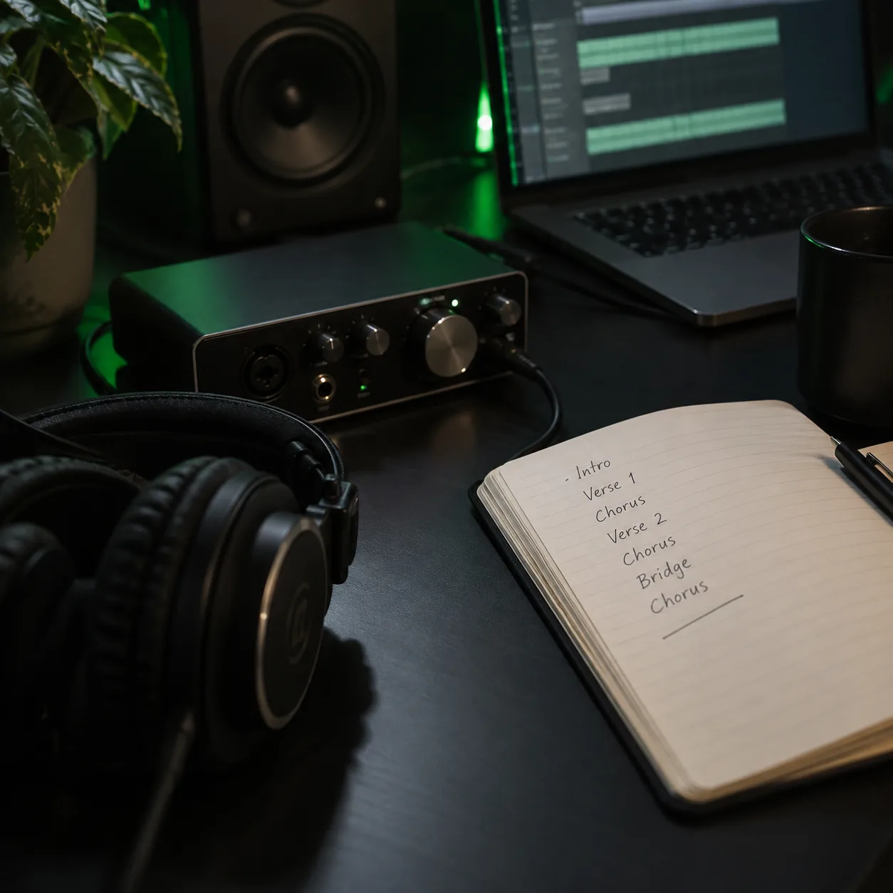Audio interface, headphones and a notebook with handwritten song section notes on a dark desk lit by laptop glow