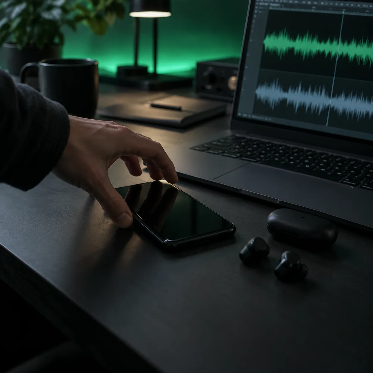 Hand reaching for a phone beside a laptop showing two stacked waveform lanes, a vocal and an instrumental