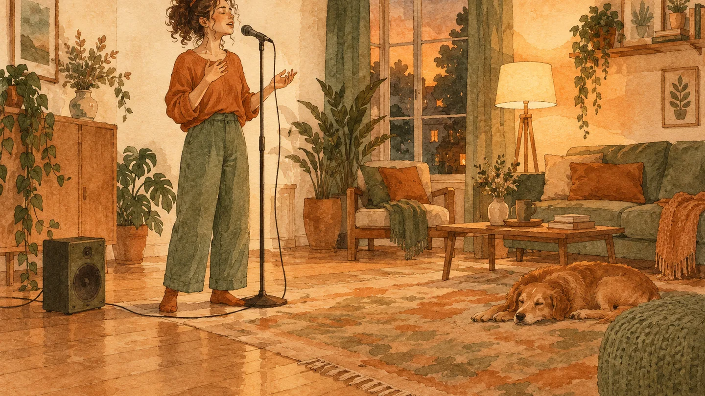 Watercolor illustration of a singer practising at a microphone stand in a warm living room with a small speaker