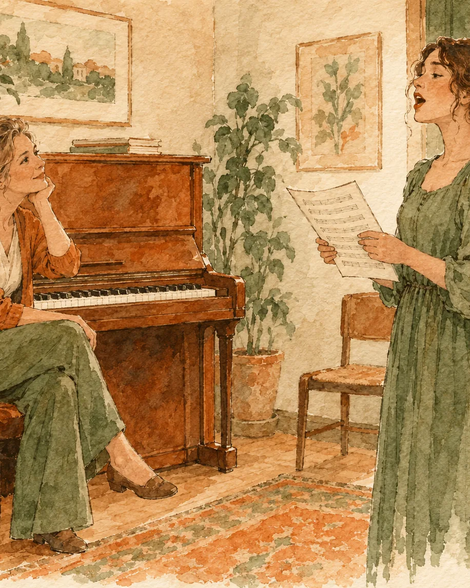 Watercolor illustration of a vocal teacher at an upright piano listening to a student sing from sheet music