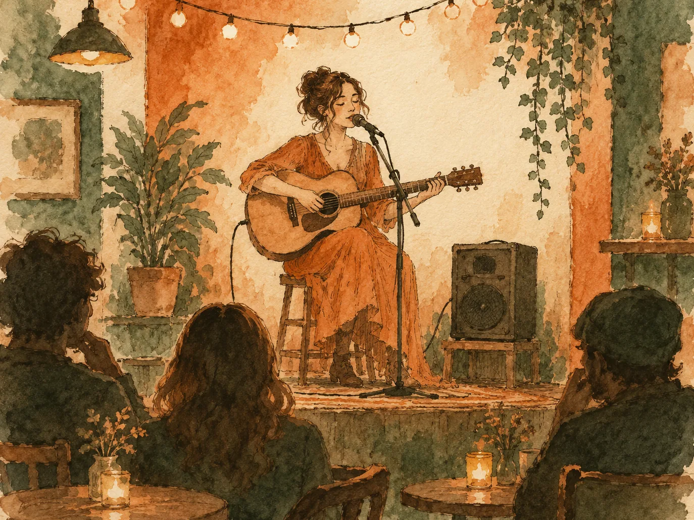 Watercolor illustration of a singer with an acoustic guitar performing on a small café stage under string lights