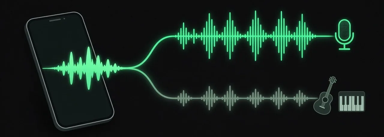 A phone with one mixed waveform that splits into two lanes, a bright vocal lane with a microphone and a softer lane with a guitar and piano keys