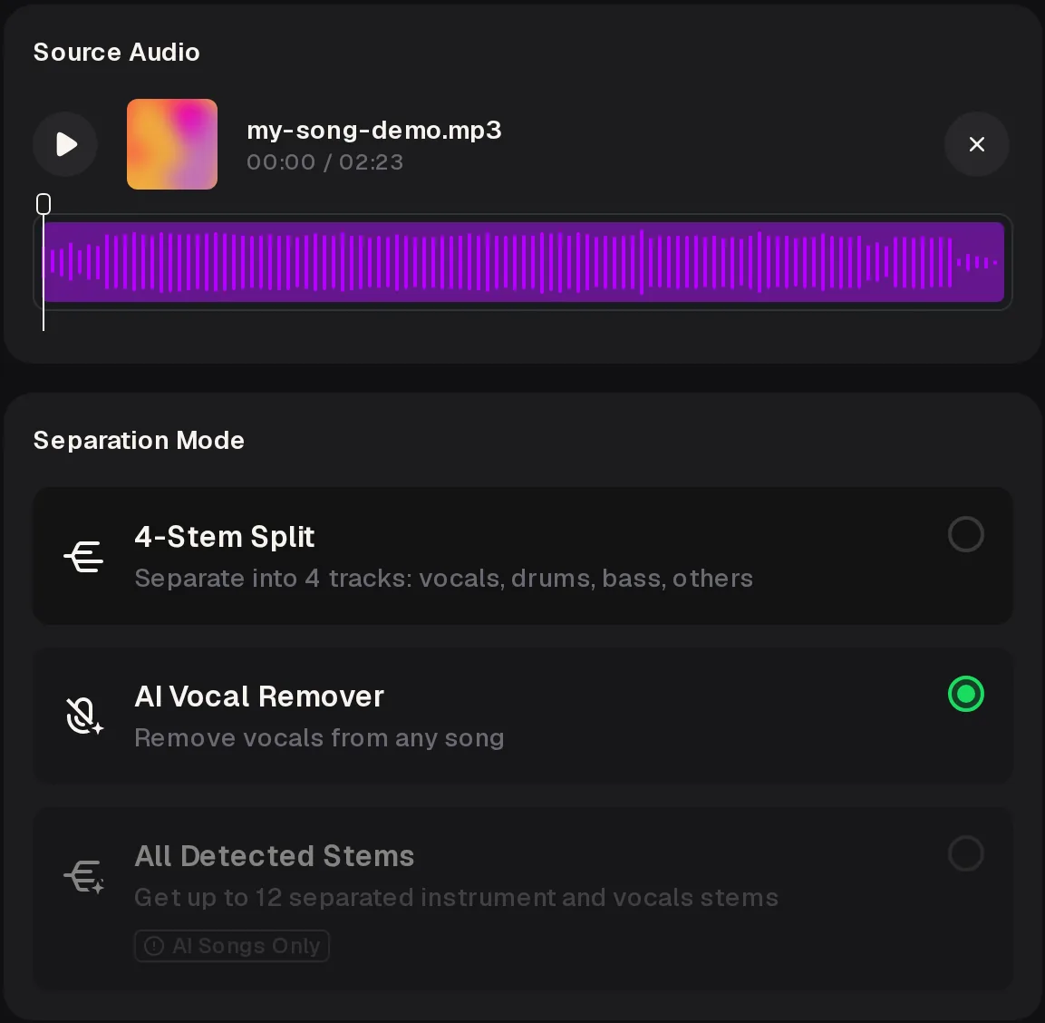 Voice splitter panel with an uploaded my-song-demo.mp3 and its waveform, and Separation Mode with AI Vocal Remover selected and All Detected Stems greyed out