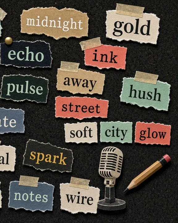 Paper collage of torn word scraps such as midnight, gold, echo, hush and spark taped to a dark corkboard beside a paper microphone and a pencil