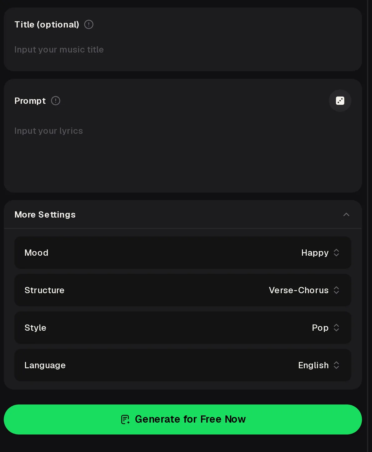 Word generator for songs panel with Title, Prompt with a dice button, More Settings and the Generate for Free Now button
