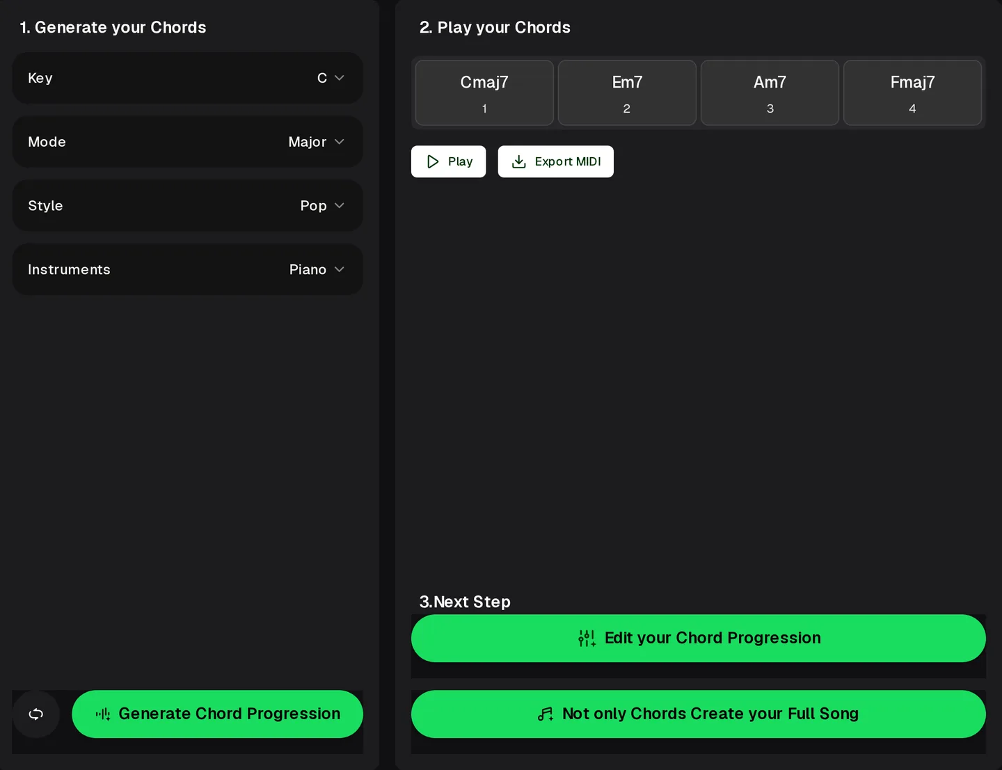 Chord Generator panel with Key, Mode, Style and Instruments settings, four chord cards, Play and Export MIDI buttons