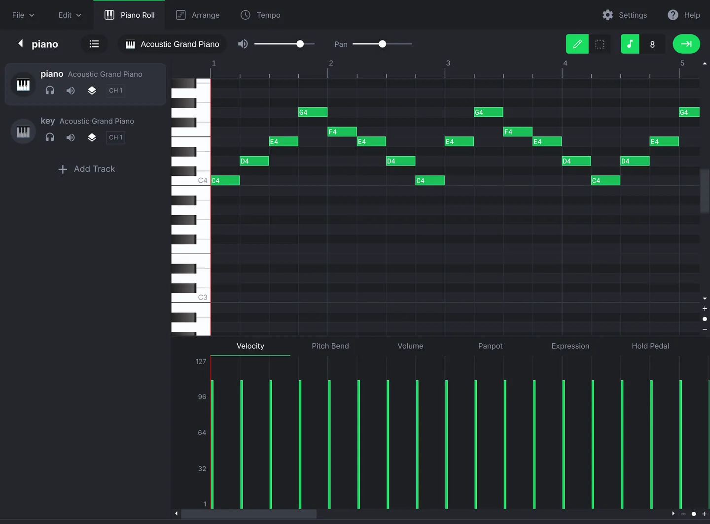 Write music in the MIDI Editor piano roll with green note blocks labelled C4 to G4, a track list with Add Track, and a velocity lane